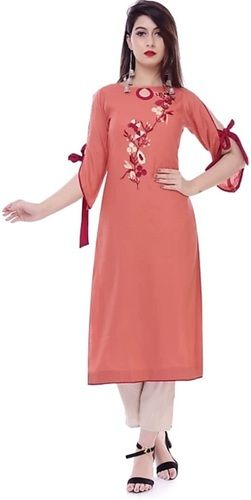 Peach Color Embroidered Cotton Rayon Blend Kurti For Ladies Decoration Material: Paint