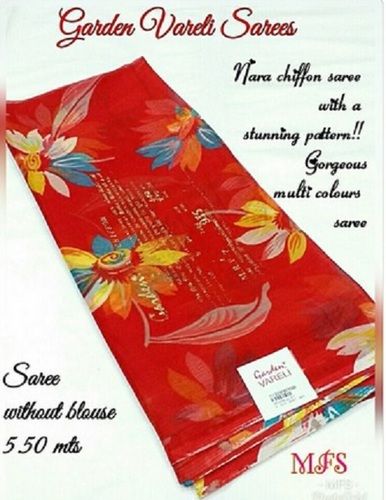 Printed Casual Wear Attractive Pattern Anti Wrinkle Skin Friendly And Comfortable Red Chiffon Sarees For Ladies