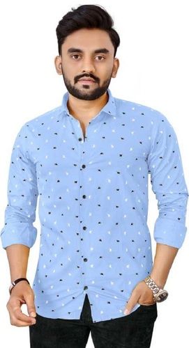 Satin Sky Blue Color Dot Printed Pattern Full Sleeves Cotton Formal Shirts For Men