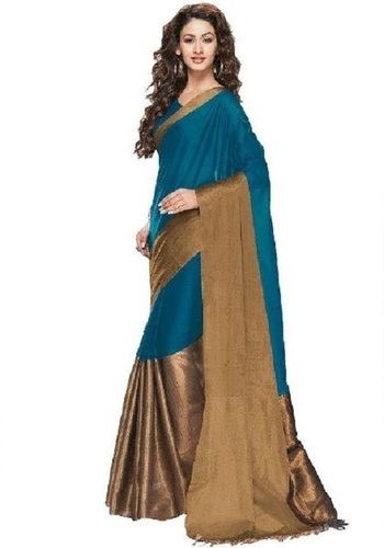 Winter Ladies Blue And Light Brown Casual Wear Skin Friendly Plain Silk Saree