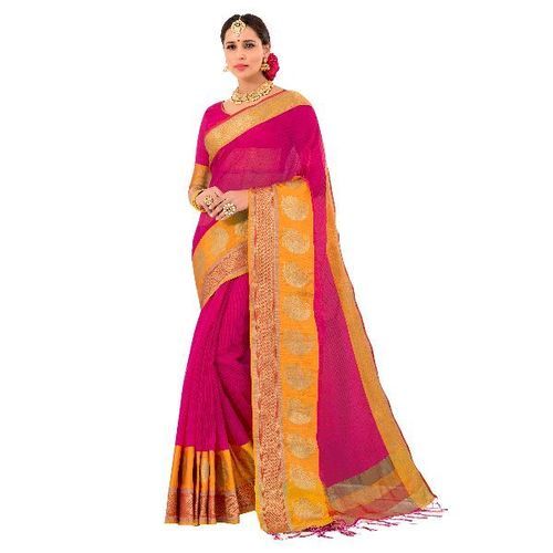 Winter Ladies Pink And Orange Festive Wear Skin Friendly Printed Silk Saree