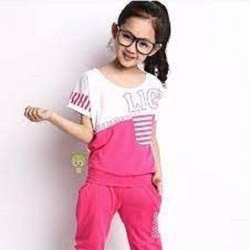 Short Sleeves Cotton Baba Suit For Girl (Pink And White Colour)