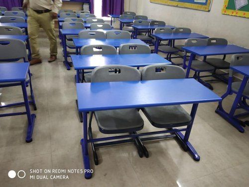 2 Seater Blue Color Pvc Metal And Wood School College Desk And Chair No Assembly Required