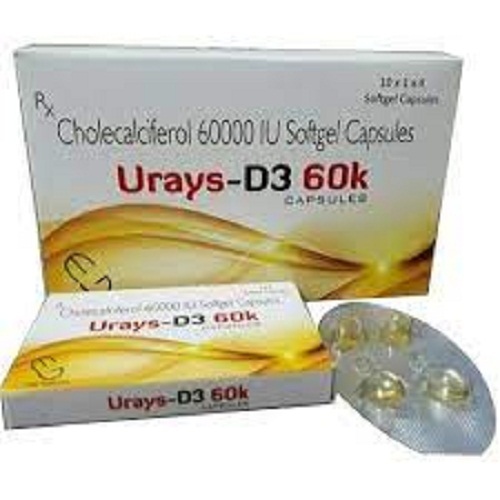 Urays D3 60K कोलेकैल्सिफ़ेरोल 60000 Iu सॉफ़्टजेल कैप्सूल कूल एंड ड्राई प्लेस