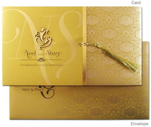 Glossy Golden Designer Wedding Card(Made From Handmade Paper With Golden Foil)