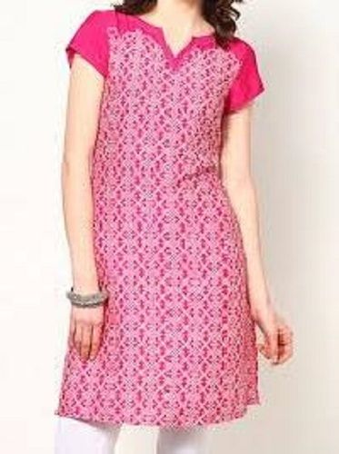 Quick Dry Ladies Pink Regular Fit Cap Sleeves V-Neck Printed Polyester Kurti