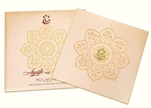 Peach Designer Wedding Card With Golden Foil Touch