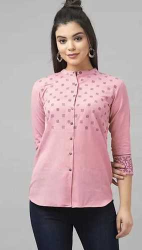 Pink Color Printed 100% Pure Cotton Party Wear Ladies Top Length: 32 Inch (In)