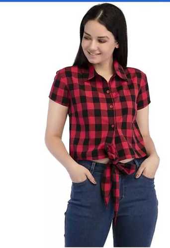 100% Cotton Stylish Short Sleeves Red And Black Checked Ladies Shirts Gender: Girl