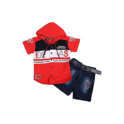 Boys Printed Knit-Denim Mandarin Collar Party Wear Baba Suit