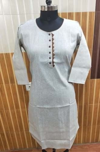 Washable Casual Wear, Party Wear White Colour Round Neck 3/4Th Sleeve Cotton Kurti For Ladies