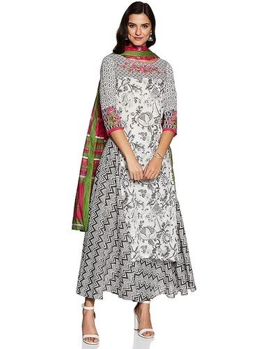 Fine Finish Casual Wear Grey And White Printed Cotton Salwar Suit Set For Ladies