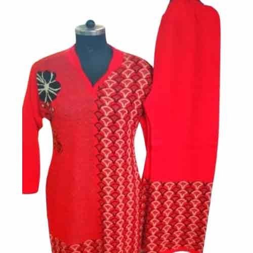 V Neck 3/4th Sleeve Red Color Regular Fit Kurti For Ladies, Casual Wear, Formal Wear