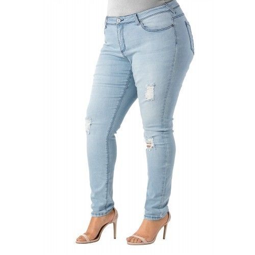 Light Blue Plain Denim Stretchable Ladies Ripped Jeans With Belt Loops For Casual Wear