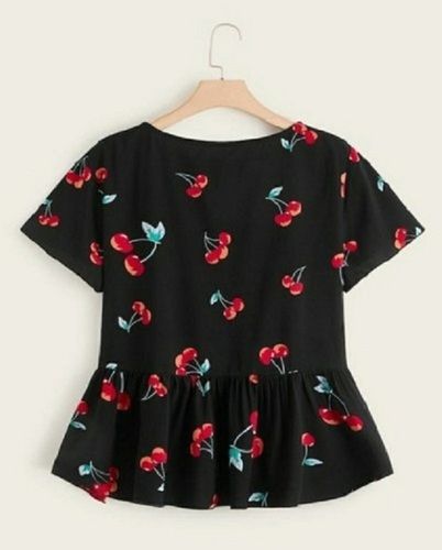 Summer Black And Red Color With Stylish Short Sleeves And Boat Neck Printed Ladies Top 