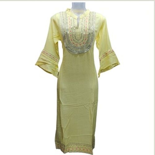 No Fade Designer Ladies Kurti Light Yellow Color With 3/4Th Sleeves And Silver Colour Lace Design Around Neck