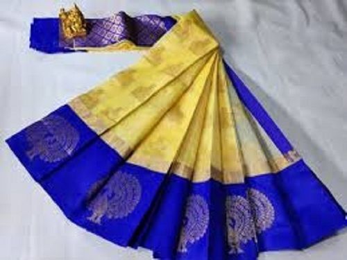 Printed Elegant Design And Premium Golden And Blue Pure Kanchipuram Wedding Silk Saree 