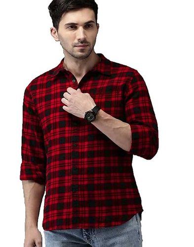 Mens 100% Cotton Red Checkered Trendy Slim Fit Shirts With Corduroy Texture