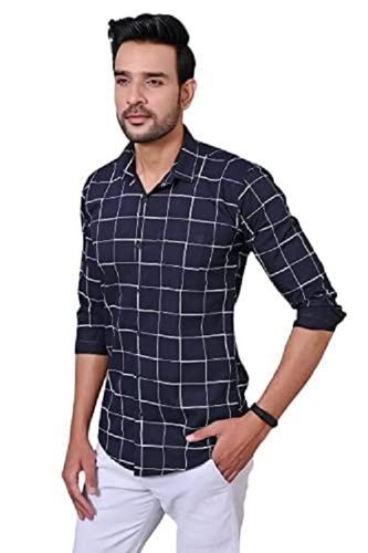 Mens 100% Cotton Simple Printed Full Sleeves Black Shirt With Closure Button Collar Style: Classic