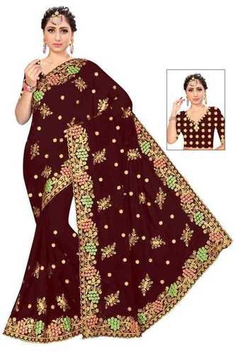Party Wear Embroidered Poly Georgette Saree With 5.5 Meter Length And 0.8 Meter Blouse Unstitched Piece