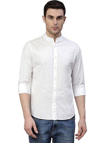 Mens 100% Cotton Solid Regular Fit White Shirts With Mandarin Collar Style Collar Style: Classic