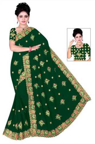 Party Wear Embroidery Poly Georgette Saree With 5.5 Meter Length And 0.80 Meter Blouse Pieces