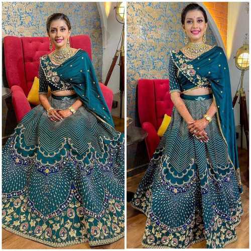 Blue Mono Satin Silk Heavy Embroidered Work Lehenga Choli For Female Person