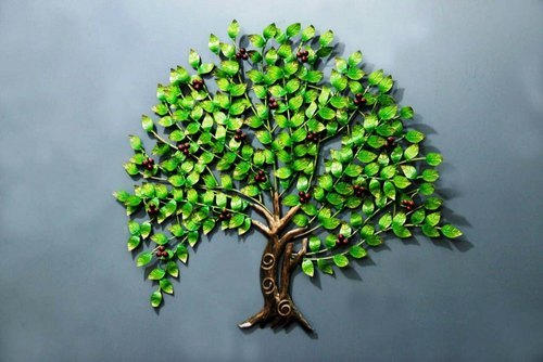 लाइट वेट 3 डी वॉल डेकोरेटिव आर्ट स्टिकर हैंडक्राफ्टेड आयरन वॉल हैंगिंग ग्रीन ट्री डिज़ाइन, 2.5 फीट, मल्टीकलर, होम डेकोर, और रूम डेकोर आइटम के लिए