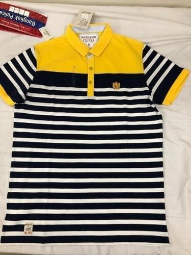 Yellow And Black Colour Stripes Casual Waer Cotton Polo T Shirts For Mens 