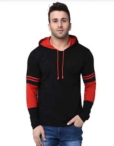 Red And Black 100% Cotton Fabric Mens Regular Fit Designer Hood Full Sleeves T-Shirt