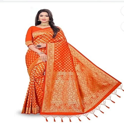 Orange And Golden 100% Woven Kanjivaram Cotton Silk Saree With Unstitched Blouse Orange, Maroon For Ladies