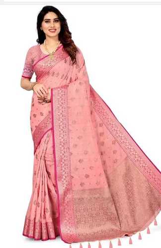 Banarasi Jacquard Cotton Blend Linen Saree Blouse Piece Light Color Pink Sari