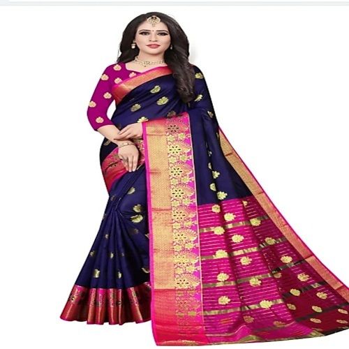 Blue And Pink Traditional Ladies Banarasi Silk Designer Jacquard Saree With Blouse Piece