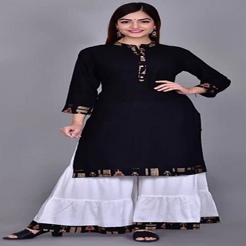 100% Cotton Black And White Color Ladies Palazzo Suit Set For Party Wear, Casual Wear