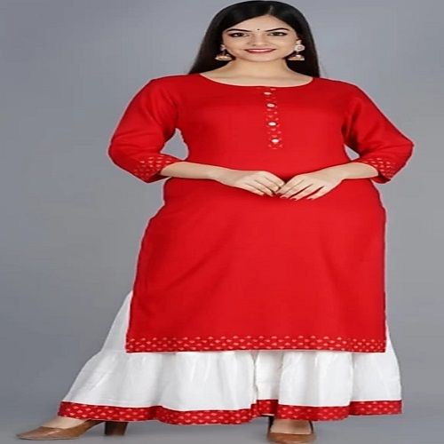  100% Cotton Fabric Red And White Palazzo Ladies Suit For Casual Wear, Party Wear Decoration Material: Stones