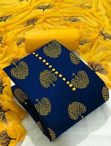 Yellow 100% Pure Cotton Fabric Unstitched Printed Blue Color Salwar Ladies Suit