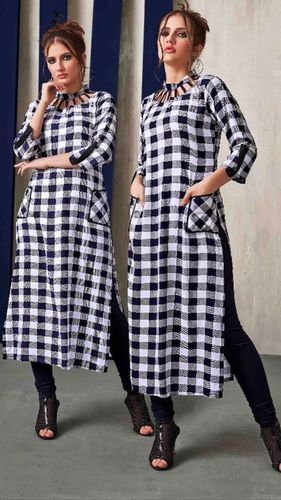 Comfotable Ladies 3/4 Sleeves Printed Glace Check Casual Wear Cotton Collar Kurti Bust Size: 28 Inch (In)