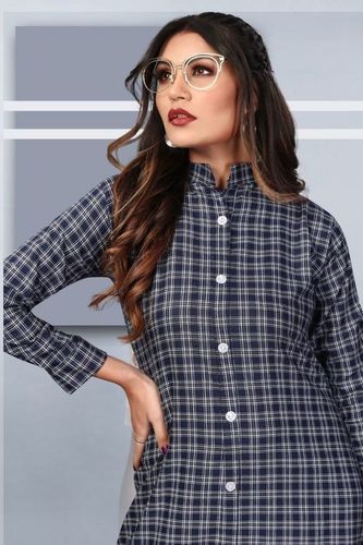 Ladies Knee Length Front Pleat And Frilled Sleeve Batten Casual Fancy Check Kurta Bust Size: 28 Inch (In)