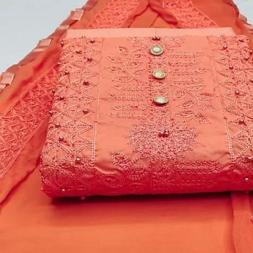 Orange Color Designer Embroidery Chanderi Cotton Unstitched Salwar Suit Decoration Material: Cloths