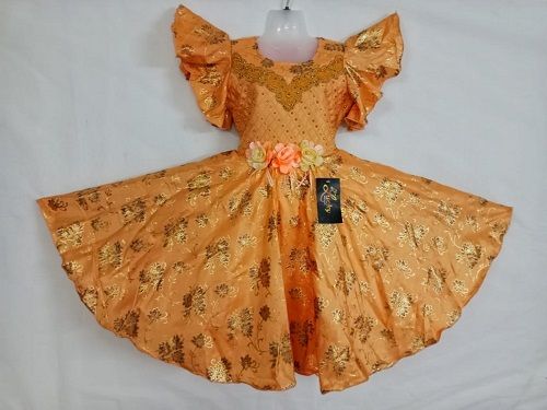 Party Wear Yellow Color Floral Printed Cotton Summer Dresses Frock For Girls
