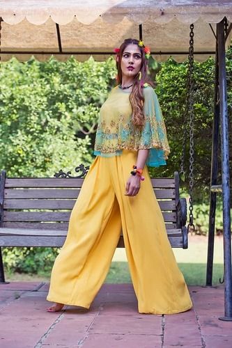 Yellow Hiral Ladies 3 Piece Western Wear Cape Set With Short, Sleeveless Top And Palazzo