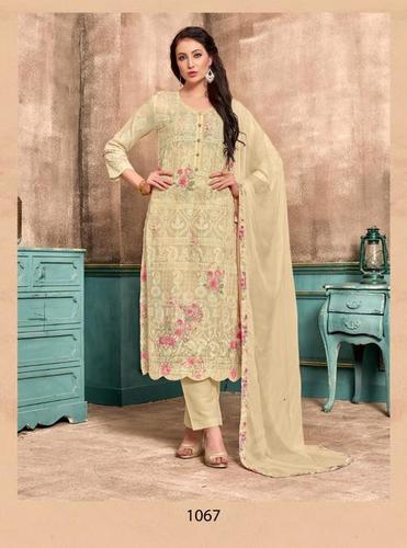 Plain Fabric With Golden Embroidery And Premium Ladies Cream Color Cotton Full Sleeves Suit