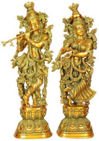 Recyclable Pure Brass Metal Hindu God Radha Krishna Idol For Worship In Home And Temples