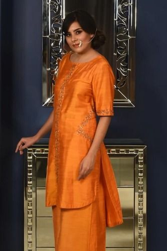 Taru Ladies Hand Embroidered Chanderi Silk Boat Neckline Sunset Orange Kurta Set