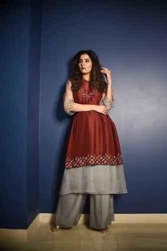 Indian Turvi Ladies Designer Hand Embroidered Pure Silk And Organza Knee Length Kurta Palazzo Set