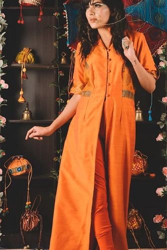 Ailia Ladies Party Wear Burnt Orange Chanderi Silk Shirt Collar Floor Length Kurta