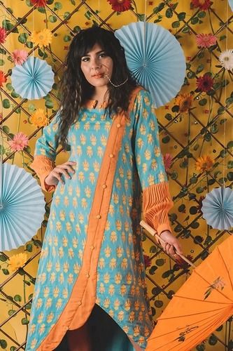 Indian Ekani Ladies Party Wear Full Bagpiper Sleeves Printed Cotton Silk And Georgette A Line Tunic