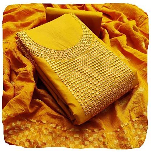 Free Size Yellow Color Women Cotton Unstitched Salwar Suit For Casual Wear