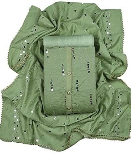 Stylish And Trendy Green Color Cotton Silk Unstitched Salwar Ladies Suit Decoration Material: Beads