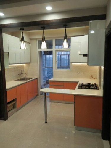 Easy To Clean Scratch Resistant Wooden U Shape Orange Modern Modular Kitchen No Assembly Required